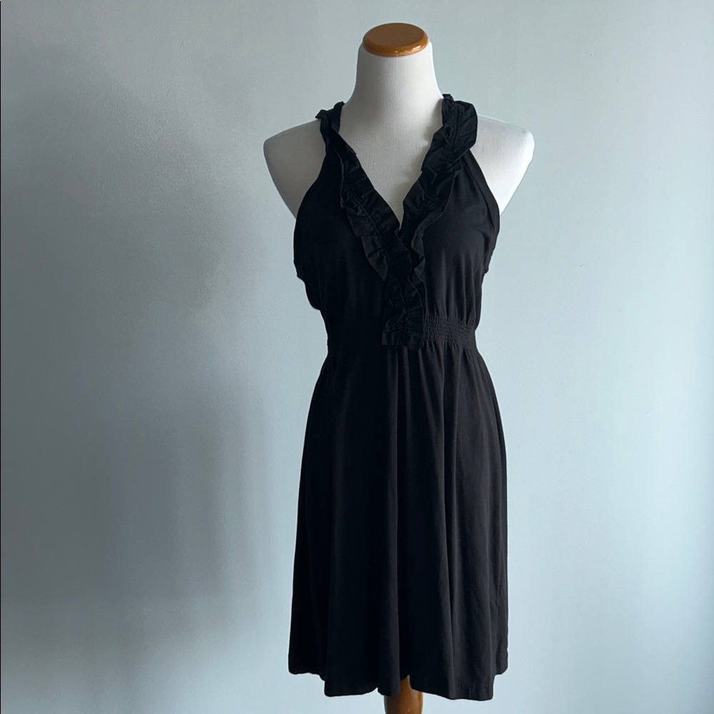 Theory Black Ruffle Neckline Dress M EUC